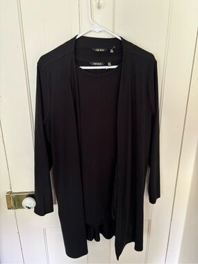 IMAN Black Open Front Lightweight Cardigan with black short sleeve shirt